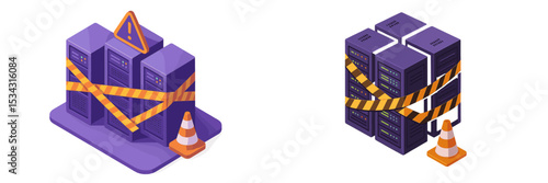 Data center maintenance with barricades and warning signs during service interruption in a flat vector illustration