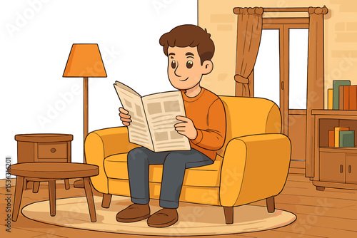 Person reading a newspaper in a cozy living room with a warm ambiance