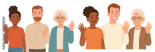 Diverse group of people waving and smiling in a friendly greeting during a cheerful gathering or social event