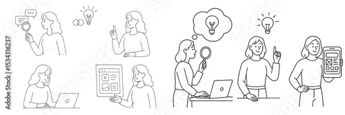 Creative brainstorming and problem-solving concepts illustrated through vector flat designs featuring a woman with a laptop