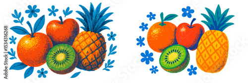 Colorful fruit arrangement featuring apples, pineapples, oranges, and kiwis surrounded by flowers in a vibrant vector illustration