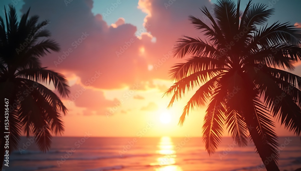 Obraz premium Tropical sunset scene with palm trees, ocean, and colorful sky landscape.