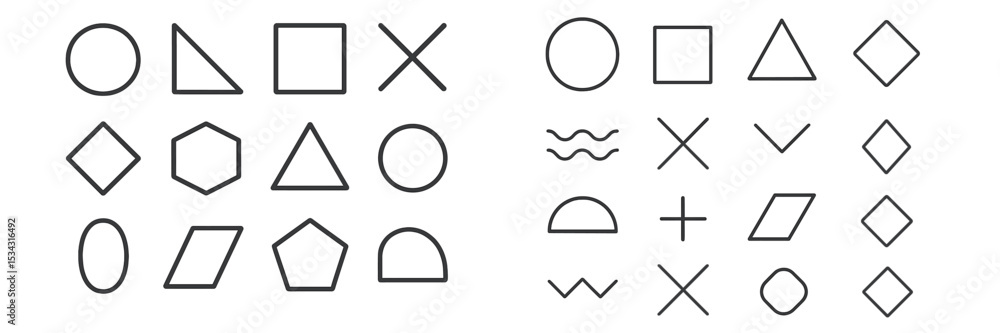 Vector flat illustration of various geometric shapes arranged in a structured layout for design and educational use Vector flat illustration of various geometric shapes arranged in a structured layout for design and educational use