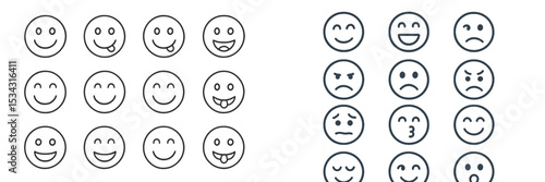 Different facial expressions shown in a grid, capturing a range of emotions and reactions from happiness to sadness and surprise in a minimalist style