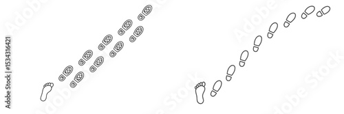 Unique pattern of shoe and barefoot prints on a light background shows movement direction and trail made by travelers