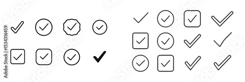 Vector flat illustration of various checkmark designs in black and white for digital and print usage