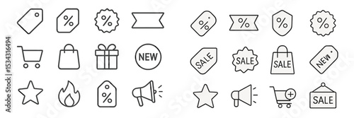 Vector flat illustration of shopping tags, sale icons, and promotional symbols used in marketing and retail contexts
