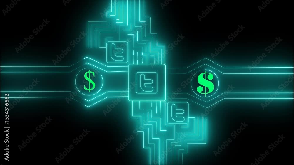 Technology circuit data transfer , social network communication system, dollar symbol of the social icon animation Technology circuit data transfer , social network communication system, dollar symbol of the social icon animation