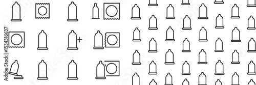 Collection of vector flat illustrations depicting various styles of condom packaging and shapes, illustrating safe practices
