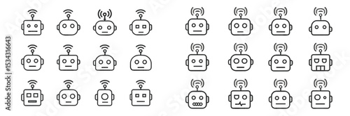 Unique collection of flat design robots showcasing various facial expressions and antenna styles in a creative layout