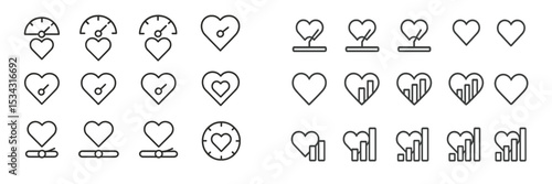 Vector flat illustration of heart symbols with various metrics and indicators representing health and well-being