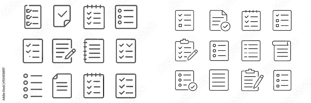 Collection of flat vector illustrations depicting various checklist and note-taking designs for organizing tasks Collection of flat vector illustrations depicting various checklist and note-taking designs for organizing tasks