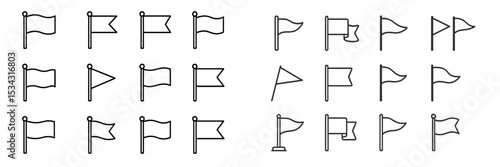 Collection of vector flat illustrations of various flag designs on a simple background showcasing different styles and orientations