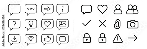 Vector flat illustration of various communication icons and symbols used in digital platforms for interaction and feedback