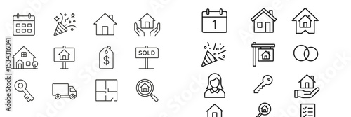 Vector flat illustration depicting various elements related to real estate transactions, home sales, and property management