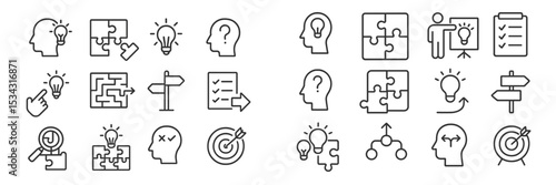 Creative problem solving and brainstorming concepts illustrated in vector flat style featuring lightbulbs and puzzle pieces