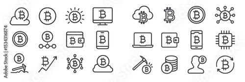 Variety of bitcoin related icons illustrating digital currency concepts in a flat vector style