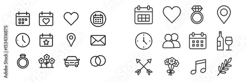 Vector flat illustration of various icons related to events, love, and celebrations suitable for invitations and decor designs