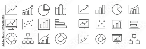Vector flat illustration of various data visualization elements in a modern design featuring graphs, charts, and analytics tools
