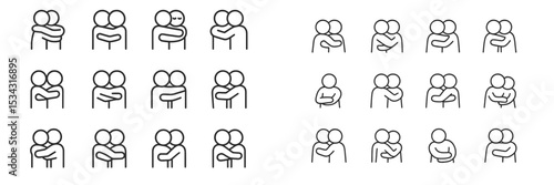 Various representations of affection between two people in a vector flat illustration depicting different embrace styles