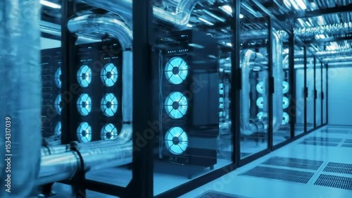 Server room data center with blue lights rows of computers and cooling system