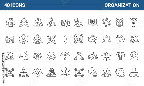 Organization management set of web icons in line style. Human resource linear icon collection. Containing business people, teamwork, structure, hierarchy, leadership and more. Editable stroke