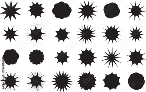 Silhouette Starburst Array: A collection of black starburst silhouettes, each with unique shapes and sizes, arranged to create a visually dynamic and eye-catching pattern.