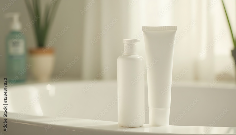 Two white cosmetic bottles on bathroom edge in bright, soft light