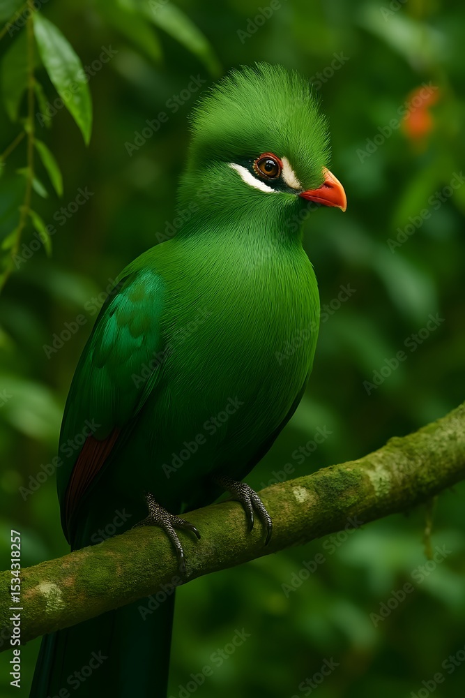 Obraz premium Vibrant Green Bird with Striking Red Beak and Crest Perched on a Branch in Lush Forest
