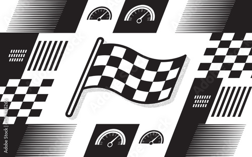 Checkered Flag Finish Line Graphic: A dynamic graphic design featuring a checkered flag, speedometers, and racing stripes, symbolizing victory, speed, and competition.