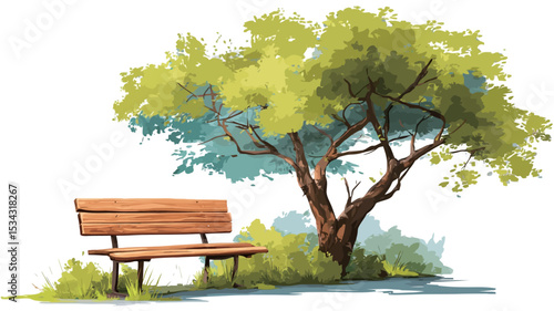 Digital painting illustration of a wooden bench situated beneath a lush green tree. The style is painterly with visible brushstrokes. The background is mostly white, emphasizing the subjects. The