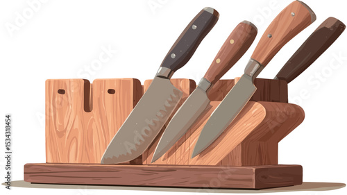 A digital illustration depicting a wooden knife block holding a set of three kitchen knives.  The knives are various sizes, with dark-colored metal blades and wooden handles. The knife block is