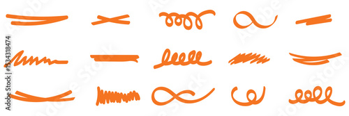 A set of strikethrough underlines. Orange brush stroke underline. Marker pen highlight stroke. Vector swoosh brush underline set for accent, marker emphasis element. eps10