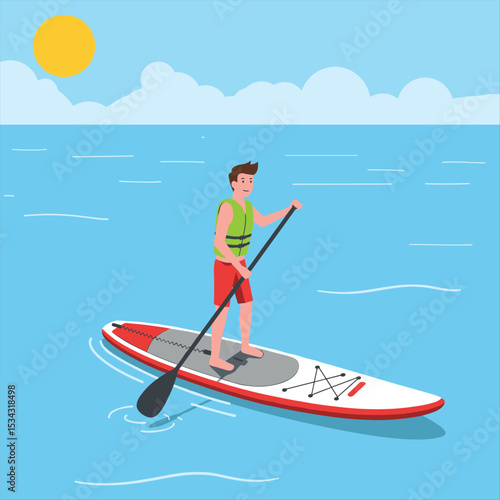 Person paddleboarding on red and white board on blue water, summer activity, wearing life vest, flat illustration