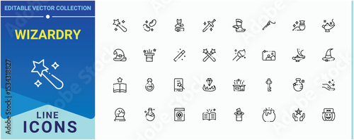 Wizardry line icon set. Pack of entertainment, wizard, trick, magician, wand, magical and more. Magic icon set. Minimalist editable vector stroke. Editable vector illustration.