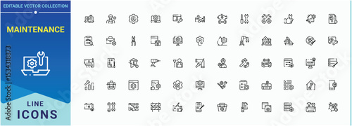 Maintenance icon set. Tool icon set. Minimalist linear icons. Featuring tool, service, cleaning, industrial, repair and more. Vector collections.