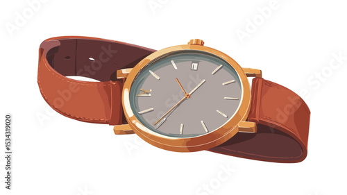 A close-up illustration of an analog wristwatch with a round, gold-colored case and a brown leather strap. The watch face is gray with simple markers and hands. The watch is presented on a white