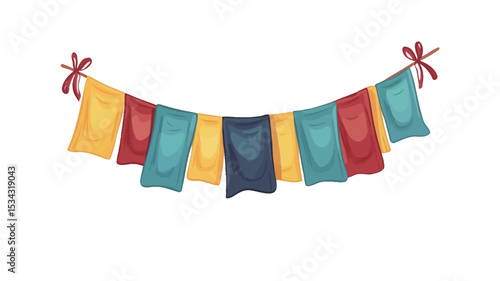 An illustration of a string of colorful fabric bunting.  The bunting is composed of rectangular pieces of fabric in various shades of yellow, red, teal, and navy blue. The fabric pieces are