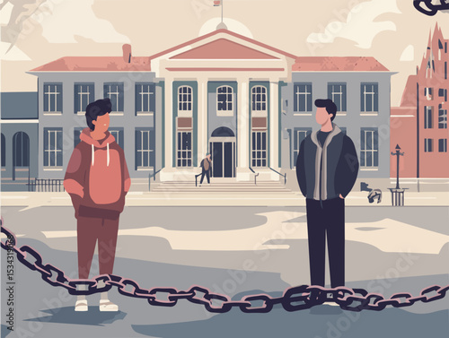 Flat Vector Illustration of Two Men Standing in Front of a Courthouse with Chains Symbolizing Lack of Freedom and Oppression
