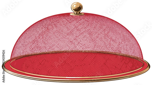 Close-up studio shot of a red food dome cover with a gold-colored knob on top against a white background. The dome is translucent, revealing a slightly textured surface underneath
