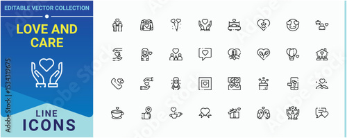 Love and care vector line icon set. Contains related to man, like, heart, emotion, love and more. Love line icon set. Collection for mobile and web apps. Vector illustration in modern line style.