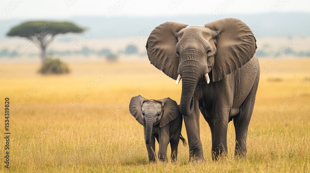 Fototapeta premium African elephants in a golden savanna