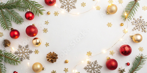 Christmas background featuring fir branches, red and gold ornaments, snowflakes, and glowing lights, creating a festive frame with copy space for holiday greetings