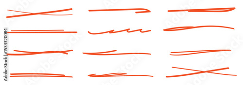 A set of strikethrough underlines. Orange brush stroke underline. Marker pen highlight stroke. Vector swoosh brush underline set for accent, marker emphasis element. eps10