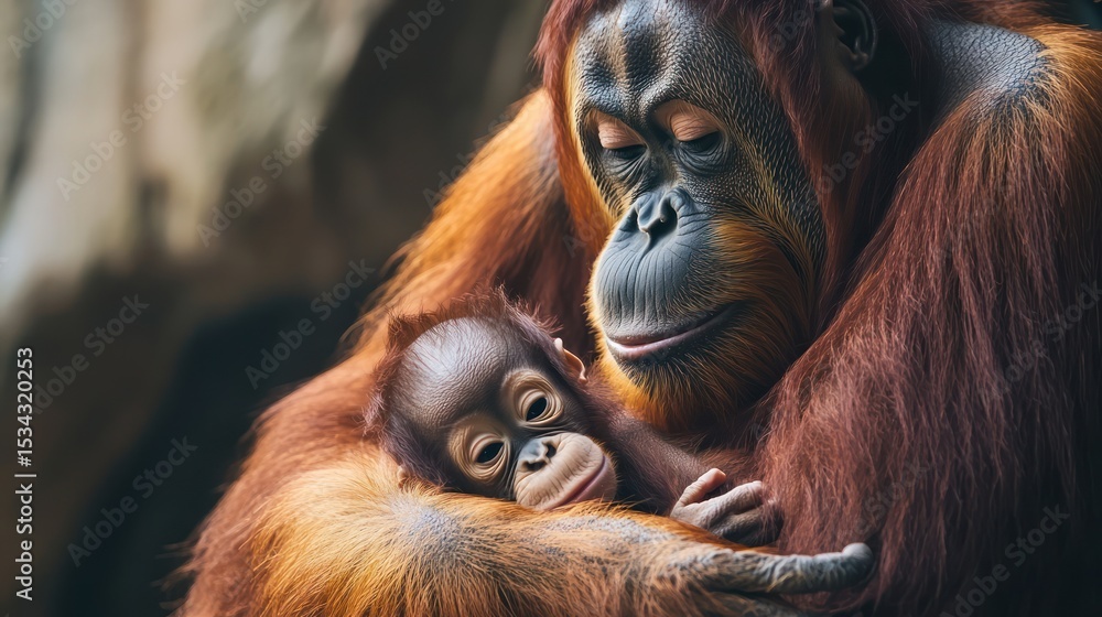 Fototapeta premium Close-up of an orangutan mother and baby