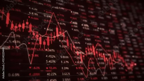 Red warning sign over financial graphs and stock market data, showing a crisis or recession concept footage.