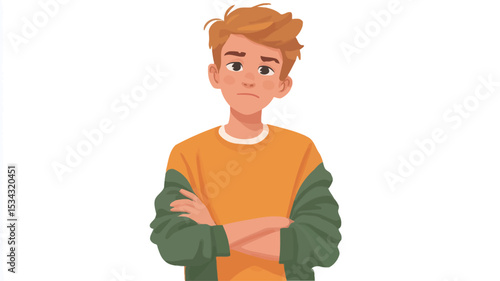 The image is a digital illustration of a teenage boy. He has short, light brown or blond hair, light skin, and a neutral, somewhat serious facial expression. His arms are crossed in front of his