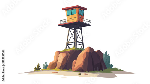 A digital illustration of a stylized cartoon lookout tower situated atop a rocky outcrop. The tower is predominantly orange-yellow with a darker brown roof and metal support structure.