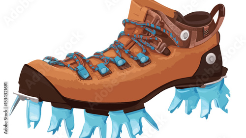 A digital illustration of an orange hiking boot equipped with light blue ice grips. The boot is detailed, showing laces, a brown toe cap, and a fastening strap.  The ice grips are numerous and