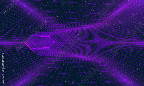 Synthwave wireframe net illustration. Abstract digital background. 80s, 90s Retro futurism, Retro wave cyber grid. Deep space surfaces. Neon lights glowing. Starry background. Vector 3D Rendering
